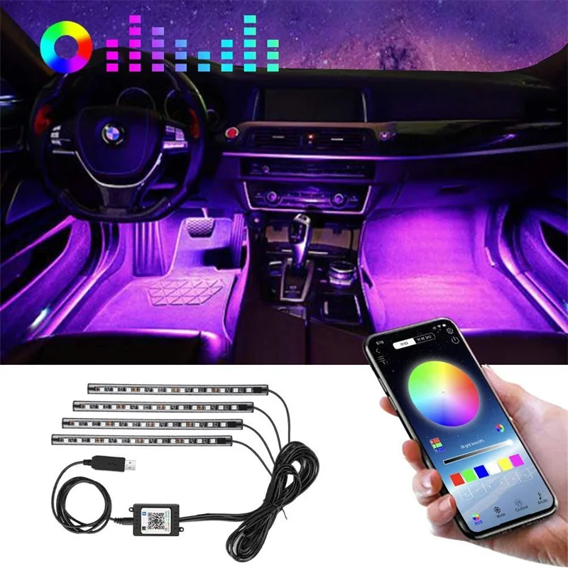 

Car Interior Light RGB LED Decorative Light Strip DC 12V With USB Wireless Remote Music Control Multiple Modes Car Foot Light
