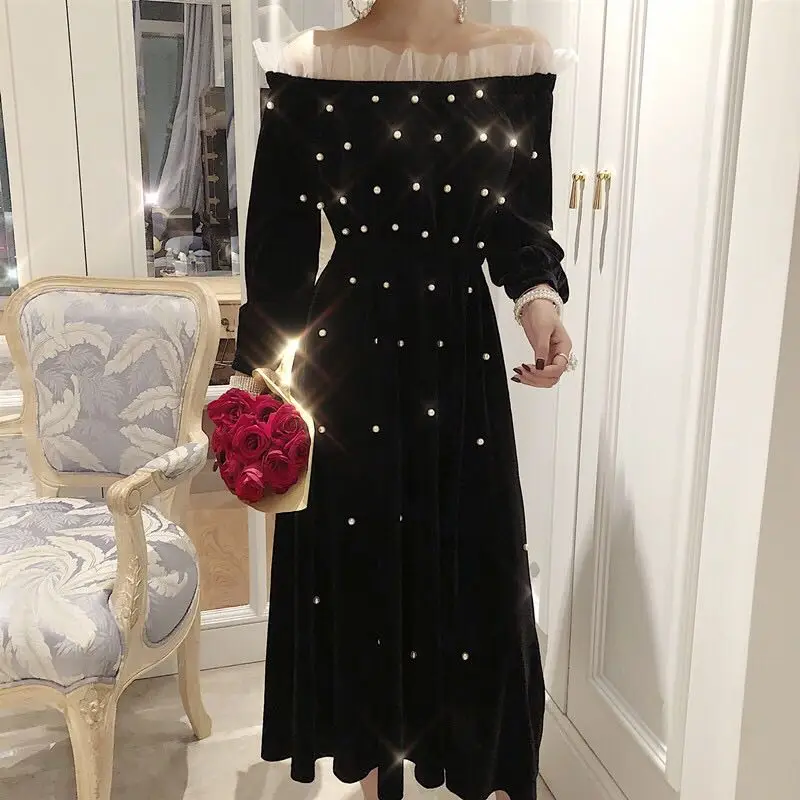 Off The Shoulder Sexy Velvet Dress Women Fashion Beading Black Long Robe Vestidos Mujer Ladies Vintage Slim Bodycon Dresses | Женская