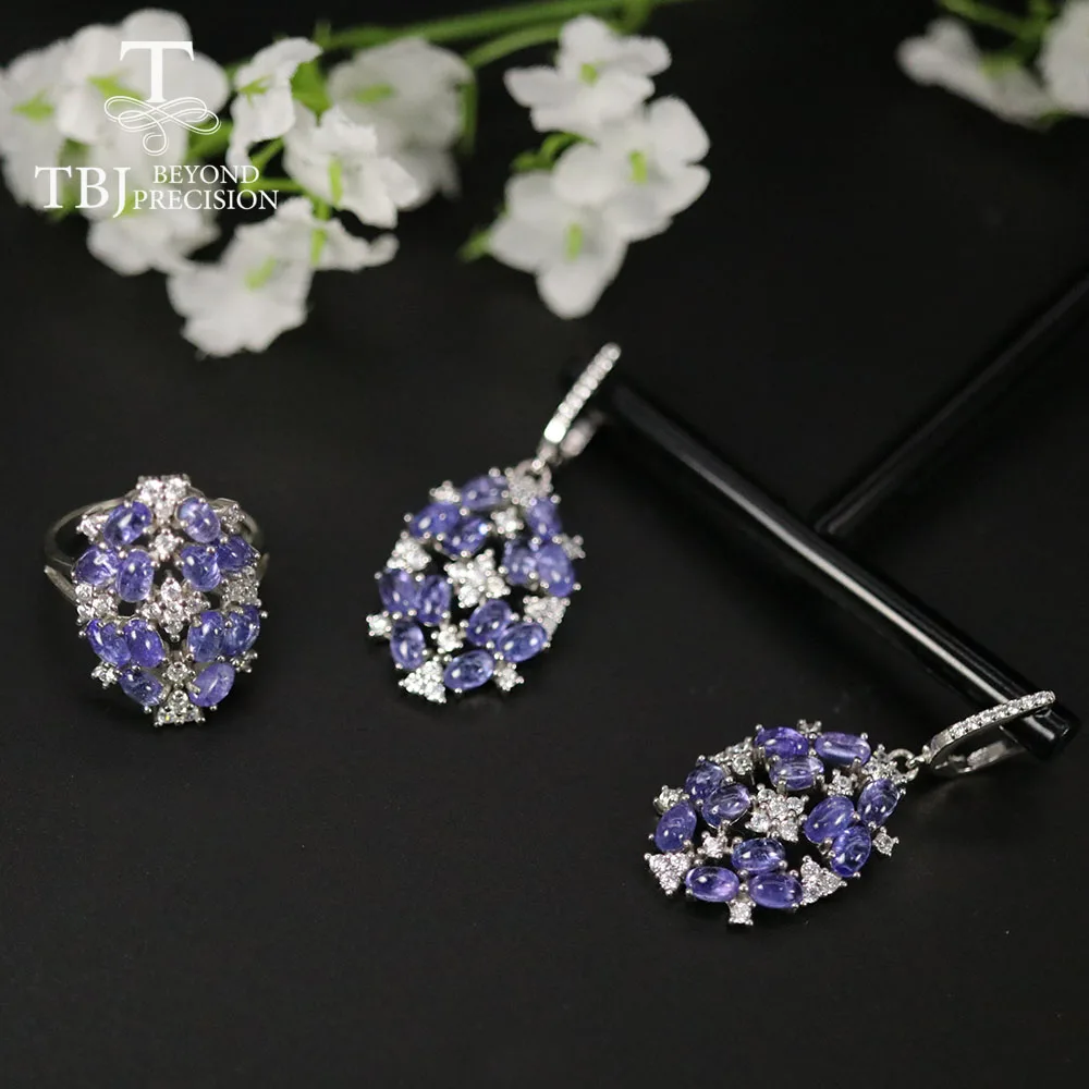 

Big Luxury Natural Tanzanite Jewelry Set clasp earring ring 925 sterling silver real gemstone fine jewelry for women