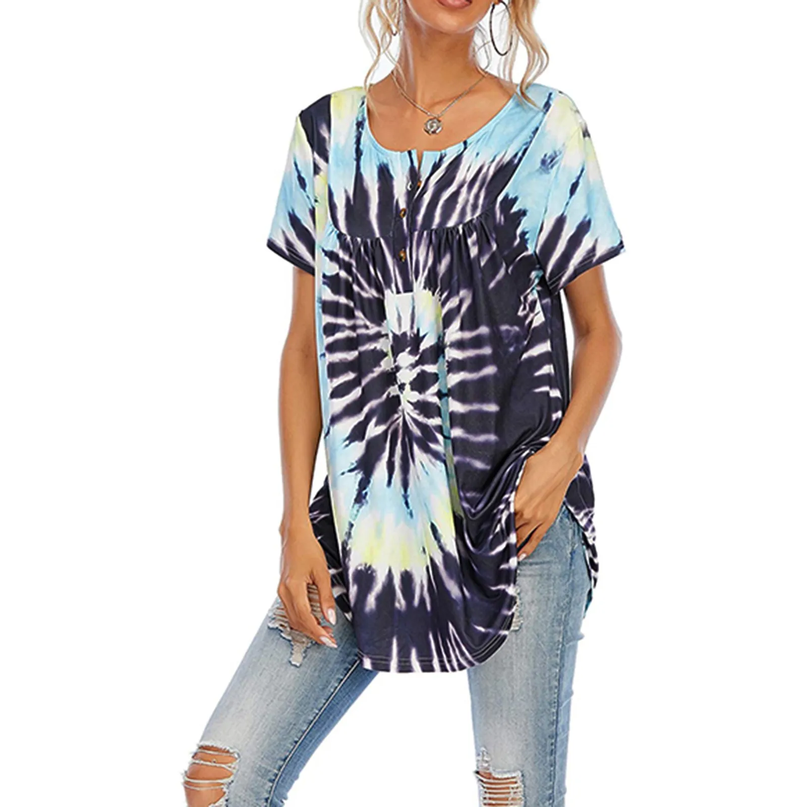 

40# Tie-dye Print Pleated Shirts Blouse Women Short Sleeve O-neck Button Shirt Top Loose Irregular Cotton Tunic Shirts Female