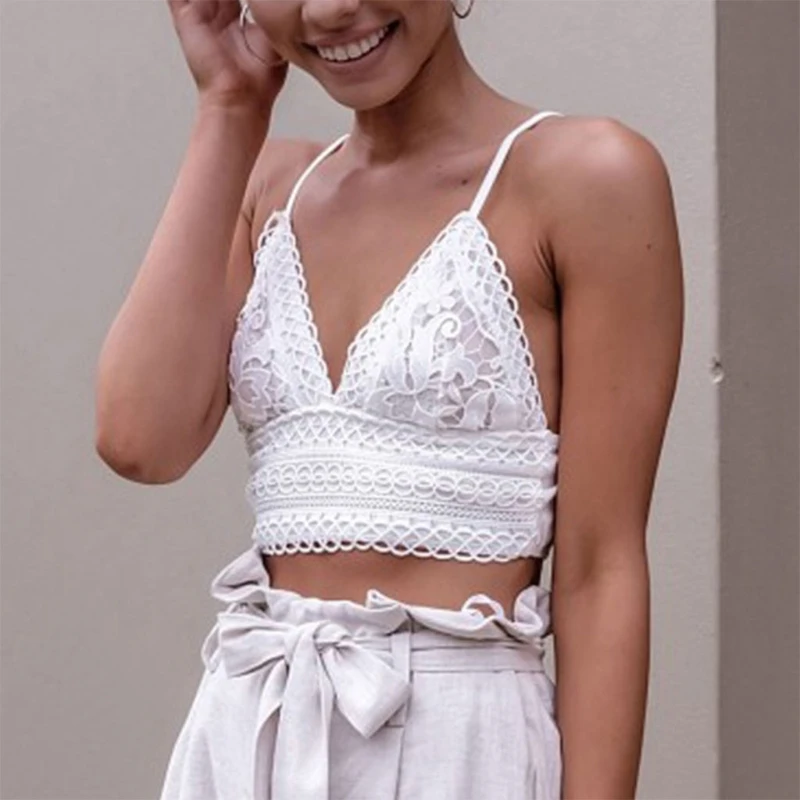 

Women Spaghetti Strap Sexy V-Neck Crop Top Solid Color Crochet Lace Bralette