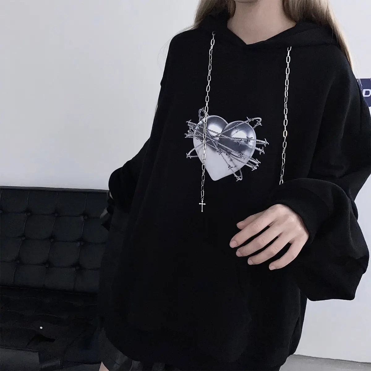 

Harajuku Sweatshirts Gothic Punk Women Hoodies Oversize Hip Hop Streetwear Vintage Black Loose Hooded Pullover Sweatshirts Tops