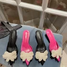 обувь для женщин летняя туфли на шпильке пляж туфли на Шлепанцы Comemore женские на тонком низком каблуке, модные домашние туфли-лодочки с жемчугом, базовые пикантные тапочки с бантом, черные, маленький размер 34, лето