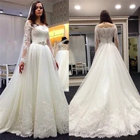 retro bateau long sleeves lace appliques wedding dresses with buttons back bridal gowns formal women wedding wear spring church
