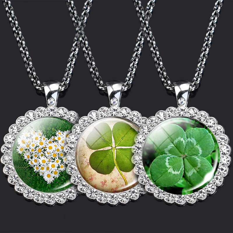 

St Patrick's Day Lucky Jewelry Gift Glass Cabochon Pendant Shamrock Necklace Four Leaf Clover Necklace Clover Jewelry for Women