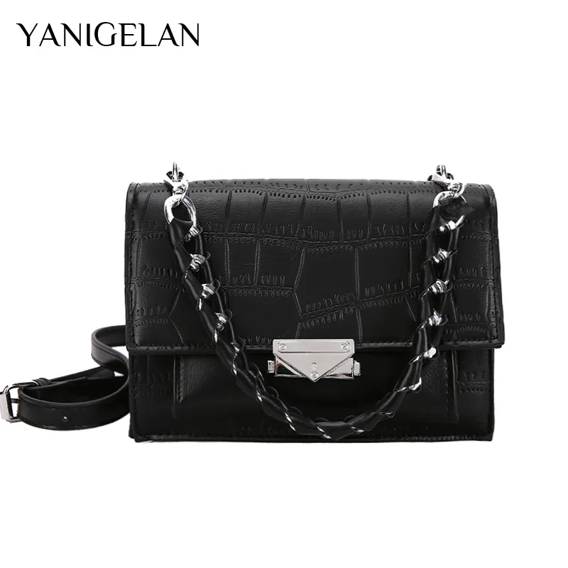 

New Shoulder Bag Ladies Messenger Pack Stone Pattern Square Bolsos De Mujer High-Quality Leather Black Handbags Bolso Negro Piel