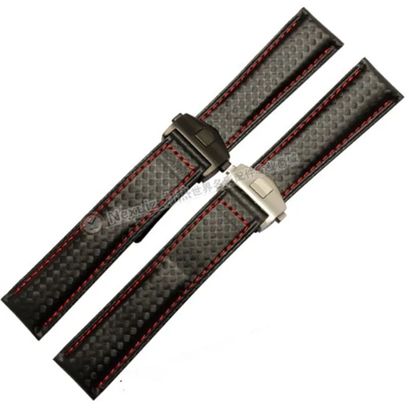 New Arrival Watch Band Bracelets 20mm 22mm Carbon Fibre Watch Strap Black deployment steel clasp cowhide leather bottom fashion