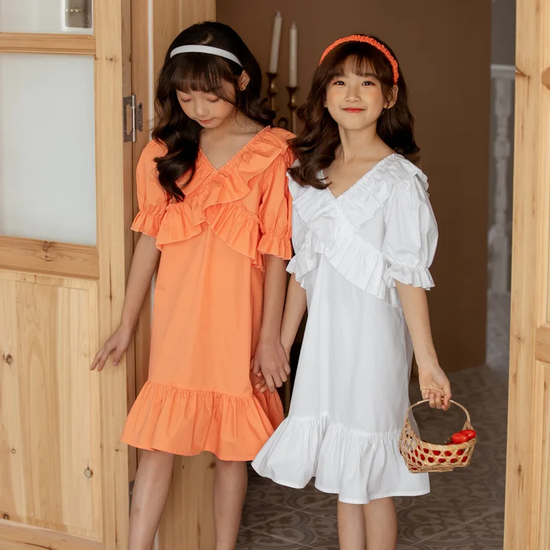 

2020 New Girls Summer Dress Fashion Teenager Girls Cotton V-neck Casual Dresses Korean Style Elegant Kids Princess Dress, #8830