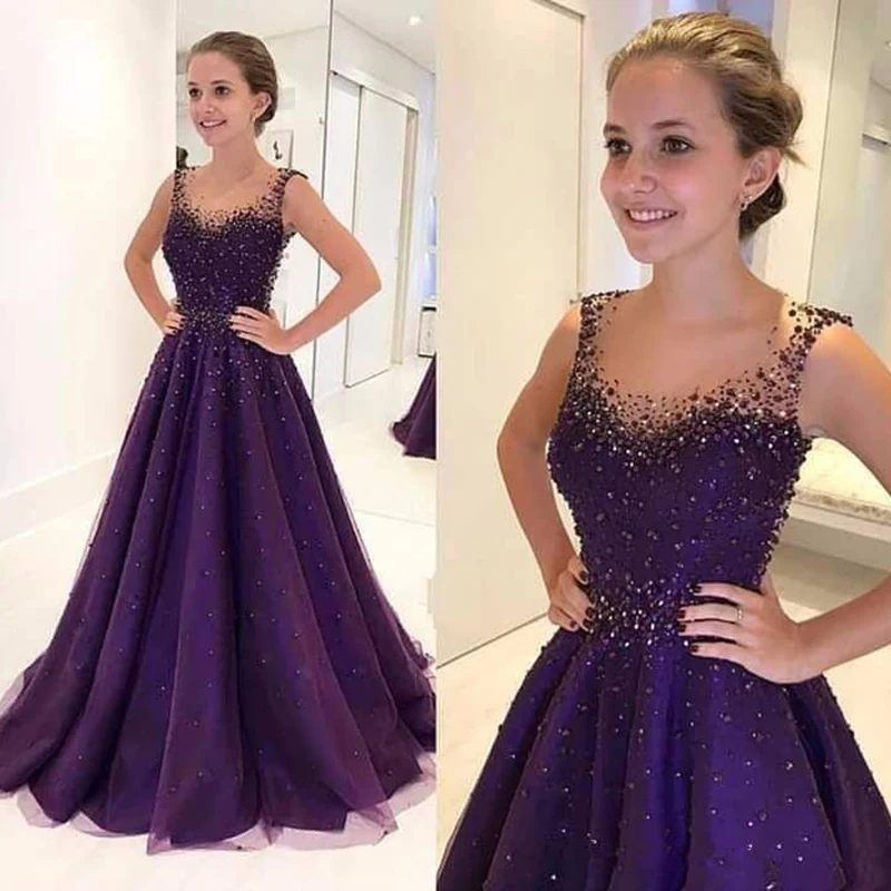 Фиолетовые Вечерние платья новые трапециевидные тюлевые бисерные элегантные исламские Дубай Саудовская Арабская Длинные Выпускные платья