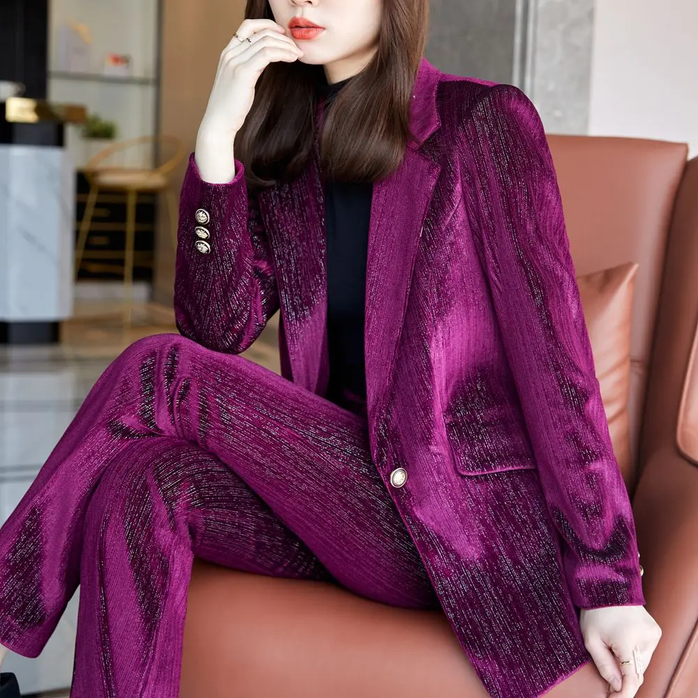 Pants Set 2pieces women's suit coat and trousers women's blue velvet autumn winter office work suit suit women  women pants set