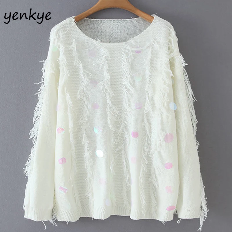 2019 Women Lazy-Style Sequin Knitted Sweater Female Round Neck Long Sleeve Tassel Pullover Autumn Plus Size jumper | Женская одежда