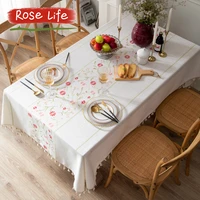 country idyllic small floral polyester linen tassel tablecloth simple embroidered tablecloth bedside cover towel customization