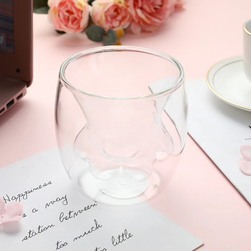 

Cat Claw Cup Creative glass Double day Coffee Milk Cup Cherry blossom Powder Household Transparent insulation Glass Water Cup