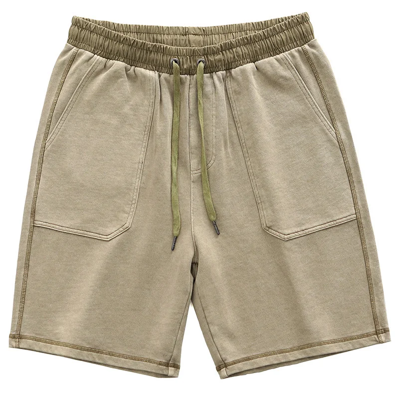 

High Quality Men Casual Shorts Retro Japan Style Wash Cotton Elastic Waist Drawstring Sport Jogger Solid Color Five-Point Pants