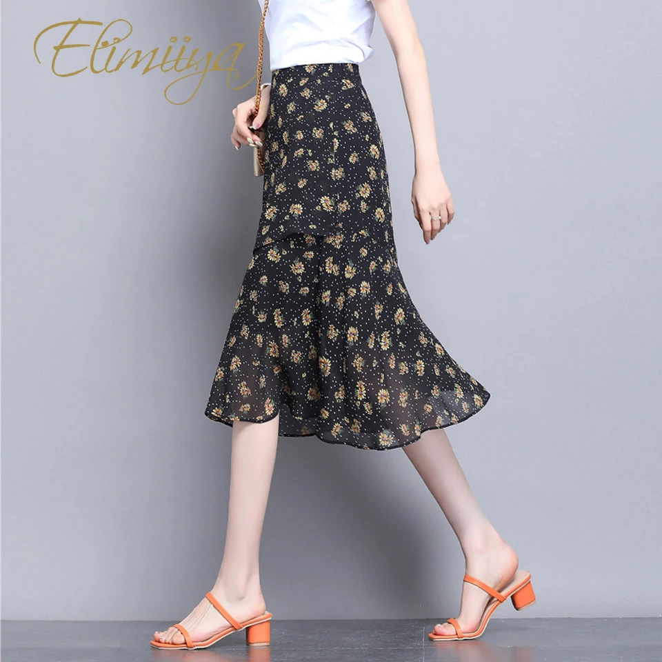 

Elimiiya Summer Autumn Elegant Floral Chiffon Skirt Women Wild New Fashion Mid-length High Waist Irregular Hip Skirts
