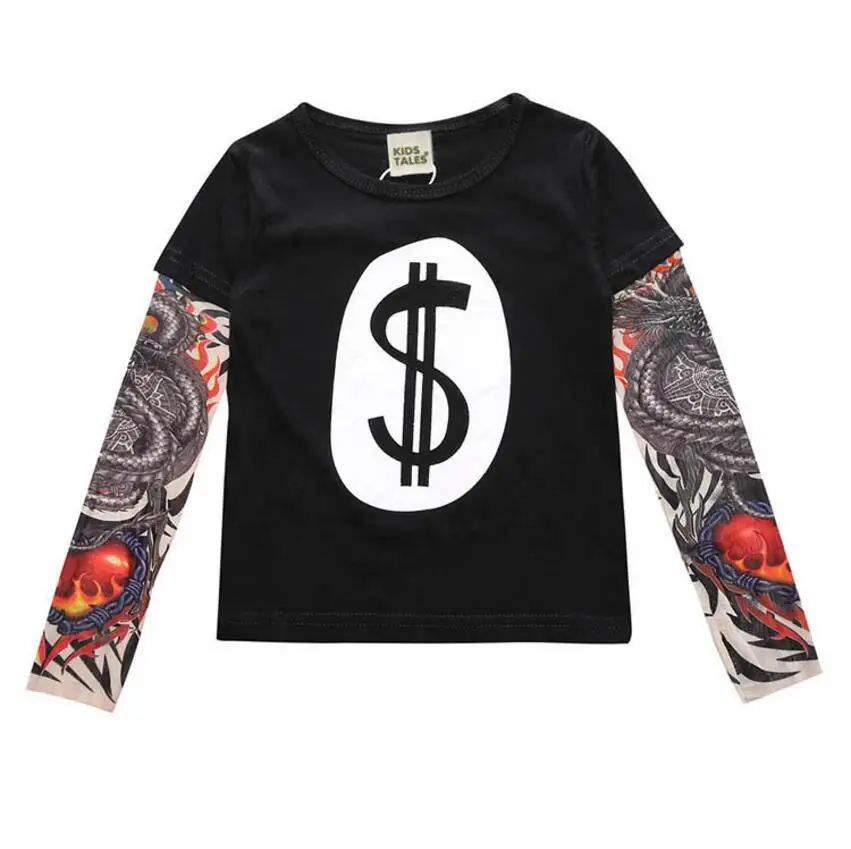 Spring and Autumn Period for boys girls T-shirt children's wear Long sleeves Tattoo with tattoos Two false pieces | Детская одежда