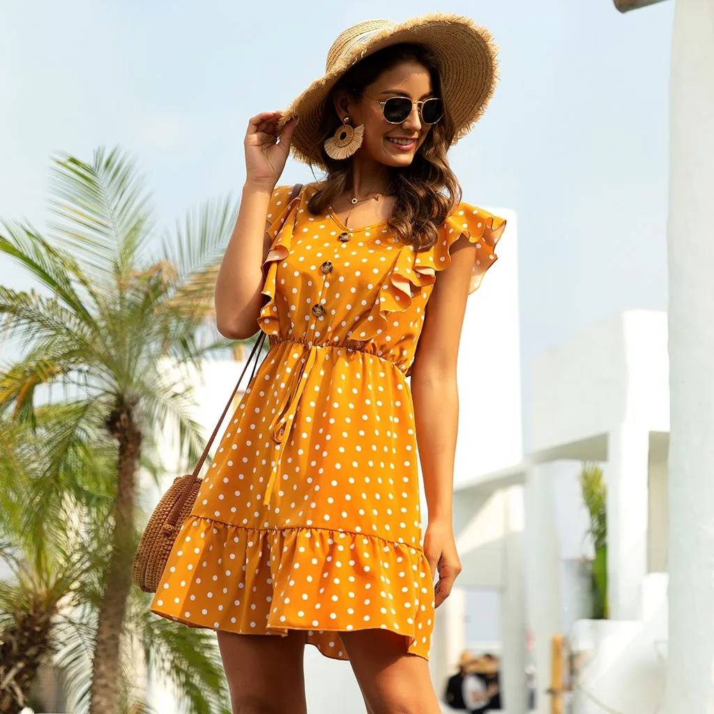 Женское повседневное пляжное платье с v-образным вырезом для девочек рюшами и