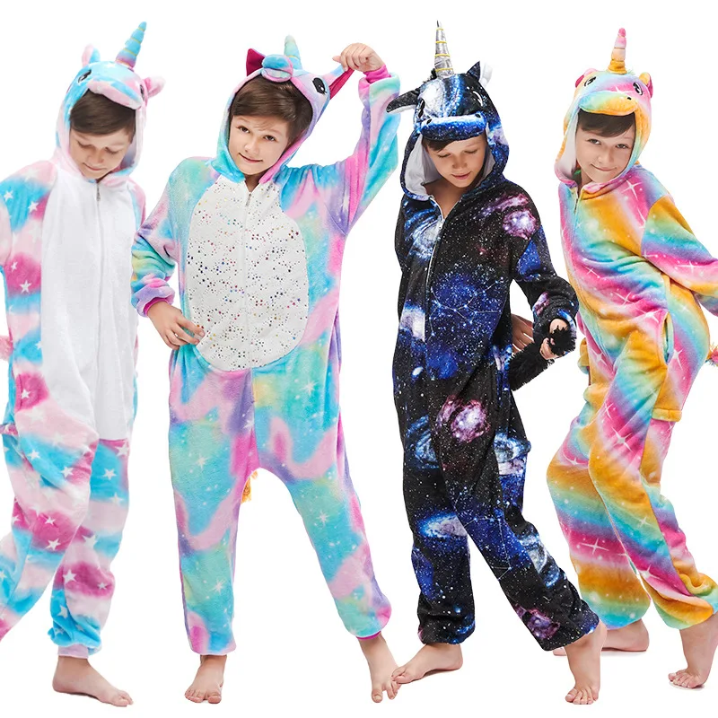 Зимние пижамы для девочек и мальчиков одежда сна Kugurumi единорог мультфильм панда