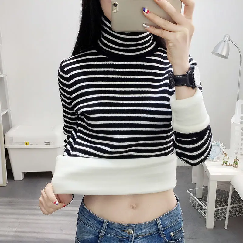 

High neck bottomed shirt women's autumn and winter Plush warm long sleeve top with striped foreign style T-shirt inside
