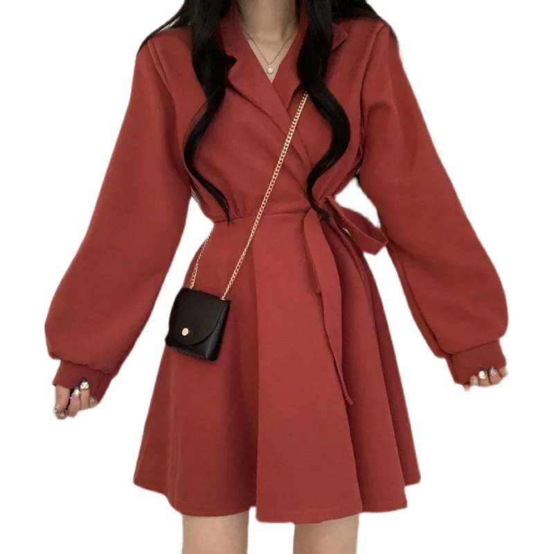 

Korean Chic Early Spring Retro Minority Sweet Design Western Style Youthful-Looking Lace-up Waist-Controlled Slimming Elegant
