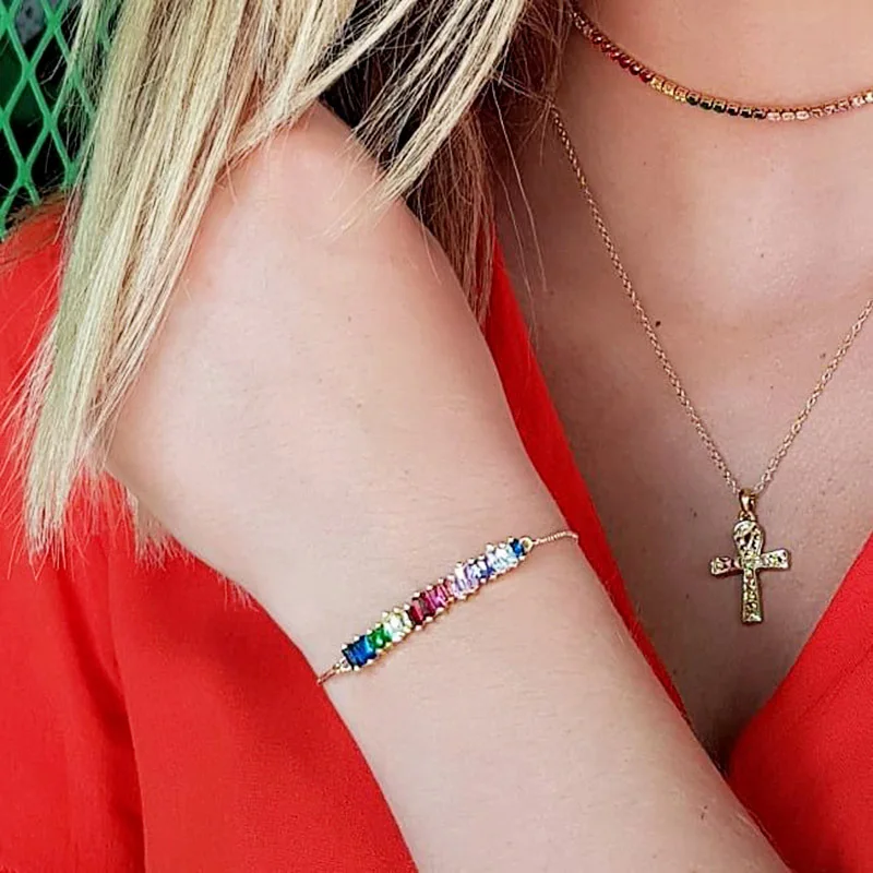 

New CZ Rainbow Pendants Bracelet for Woman High Quality Multicolored Zircon Adjustable Copper Bangle Jewelry Gift Dropshipping