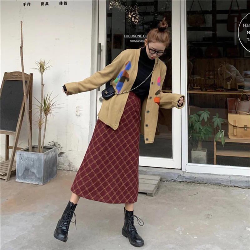 KINOMI осень-зима толстые шерстяные длинные юбки с высокой талией красные клетчатые