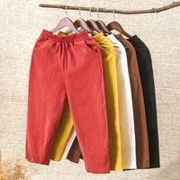 women cropped pants middle aged lady elastic waist loose casual cotton linen pants 4xl cotton thin female sweatpants