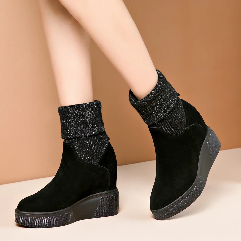 

Dilalula New Height Increasing Sock Booties Ladies Genuine Leather Platform Autumn Winter Boots Female Glitters Shoes Woman 2019