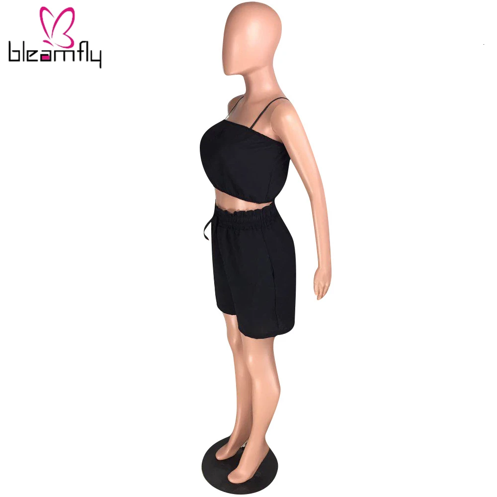 2019 Женский Летний Новый черный однотонный короткий топ с бретельками и шорты