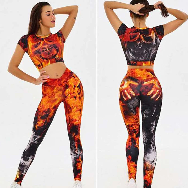 

Fire Tracksuit Women 2021 Sports Tights Woman Suit Workout Seamless Skull Yoga Set Sportswear FITNESS T SHIRT Leggings Push Up