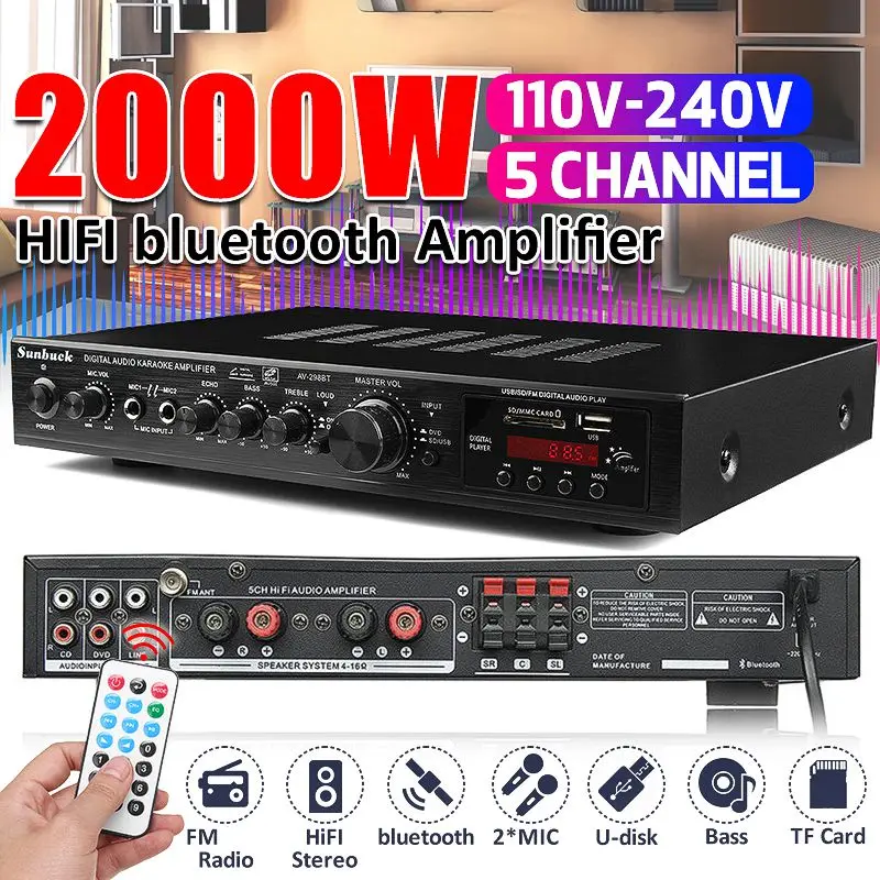 2000W 5CH Bluetooth Stereo AV Power Surround Bass 220v110V Car Audio Subwoofer Speakers LED Digital Amplifier for Karaoke Cinema