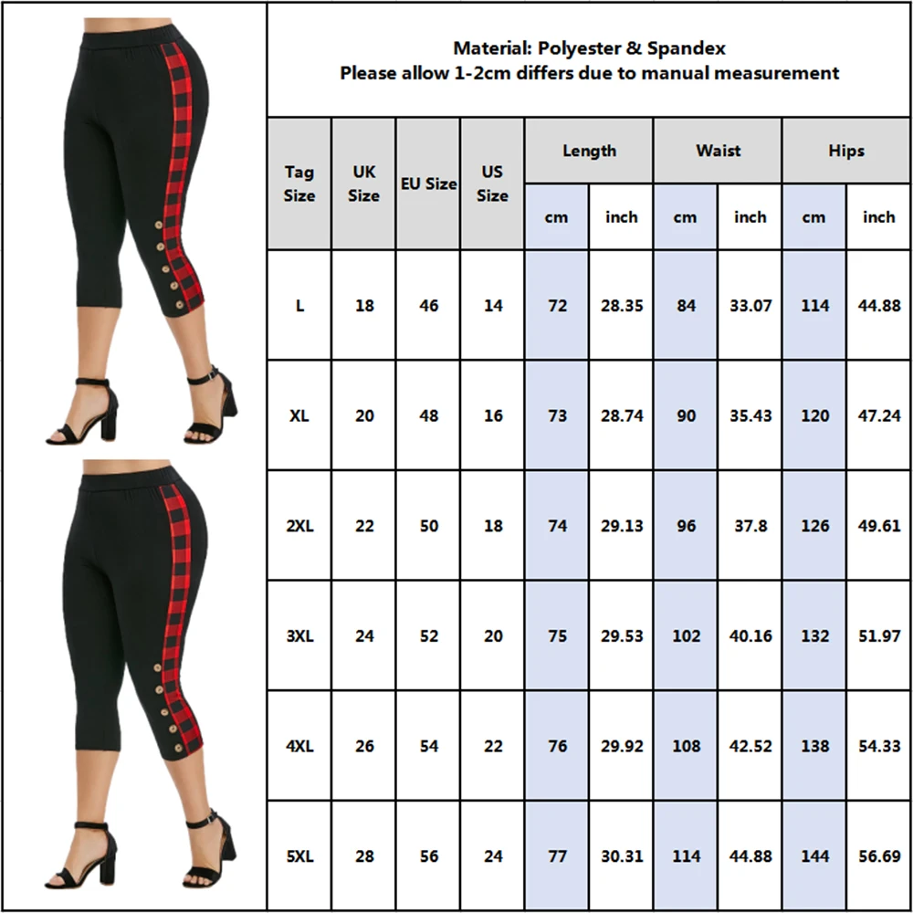 

Large Size Women Stacked Pants Trousers Plus Size Plaid Print Button Cropped Sports Yoga Legging Stretch Hip-Up Skinny Pants D25