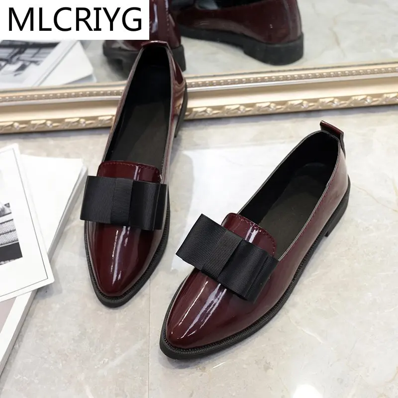 

2021 Flats Women Shoes Bowtie Loafers Patent Leather Women's Low Heels Slip on Footwear Female Pointed Toe Thick Heel Fashion