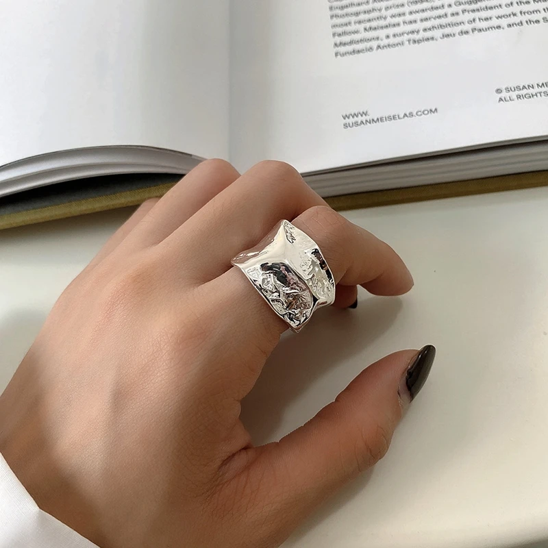 Silverology-Anillos anchos de textura Irregular para mujer, de Plata de Ley 925, anillos gruesos de estilo Industrial, joyería de diseñador