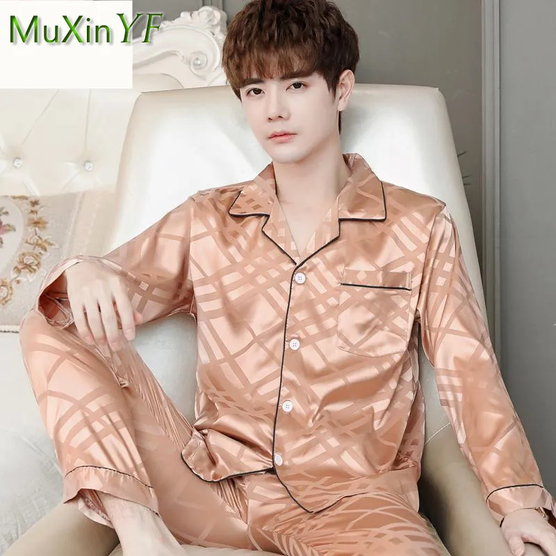 Ice Silk Pajamas Men's Spring Fall Thin Section Plaid Long-sleeved Trousers Pijamas Two-piece Korean Casual Male Sleepwear Suit