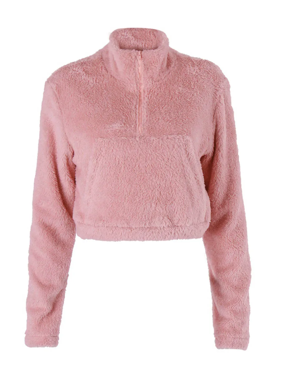 Женская укороченная Толстовка FADZECO розовый плюшевый пуловер на молнии с длинным