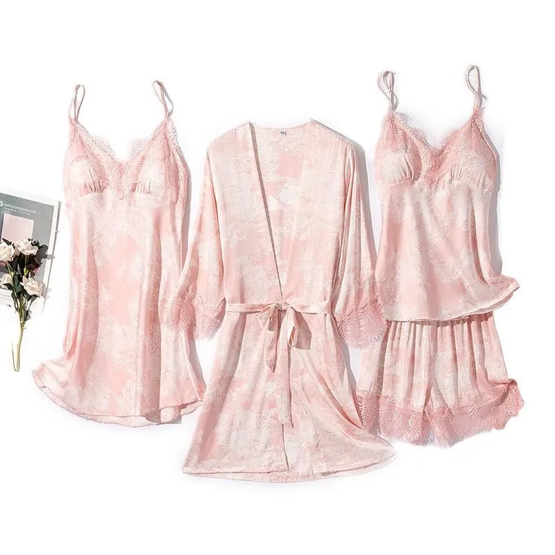 

Women Pink 4PCS Sleepwear Sexy V-neck Pajamas Set Satin Silky Robe Suit Lace Trim Pijamas Suit Casual Sleep Set Home Clothes