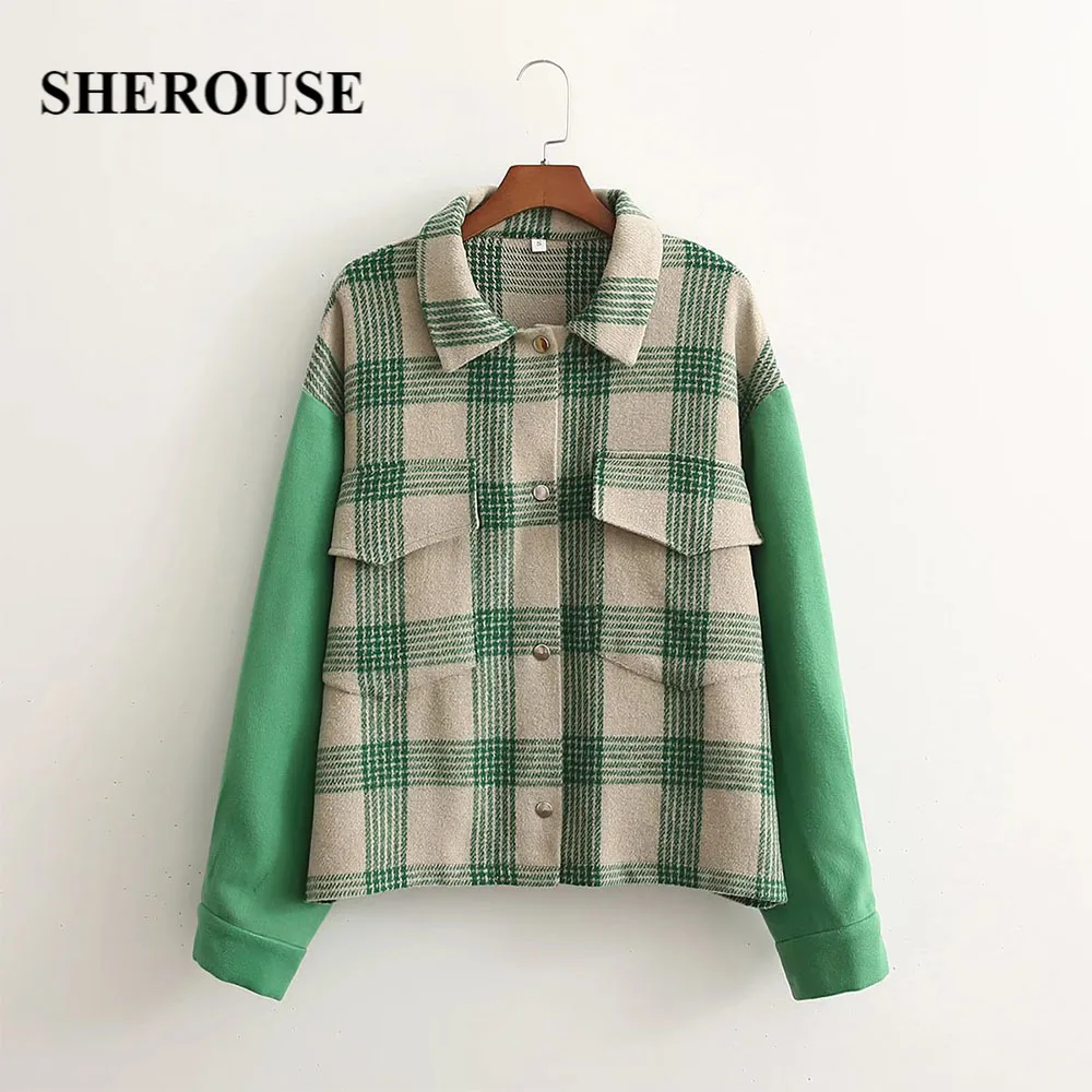 

Sherouse Fall Winter Women Fashion Checkered Contrast Jacket Long Sleeves Lapel Single breasted Vintage Woman Warm Chic Outfit