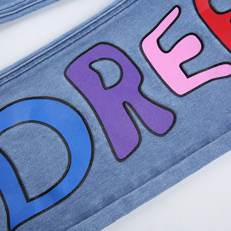 

Women's Casual Streetwear Denim Pants Letter Printed Jeans Woman Fashion High Waist Loose Vintage Straight Wide Leg Trousers