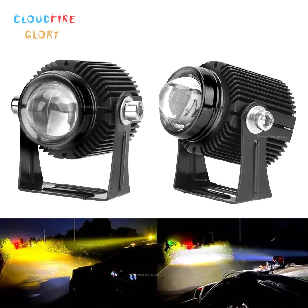 

CloudFireGlory 2Pcs Motorcycle LED Dual Color High Low Beam Headlight Spotlight Steel Cannon Lights For Universal Auto
