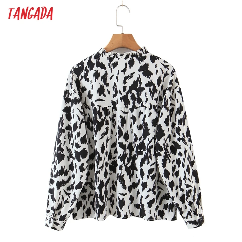 

Tangada 2021 Autumn Women Ruffles Print Blouse Long Sleeve Chic Female Office Lady Shirt Blusas Femininas SL210