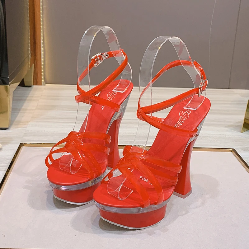

2020 Elegant Transparent Strap Thick High Heels Sandals Women Summer 14cm Cross tied Shoes Female Black Gladiator Sandals WS319