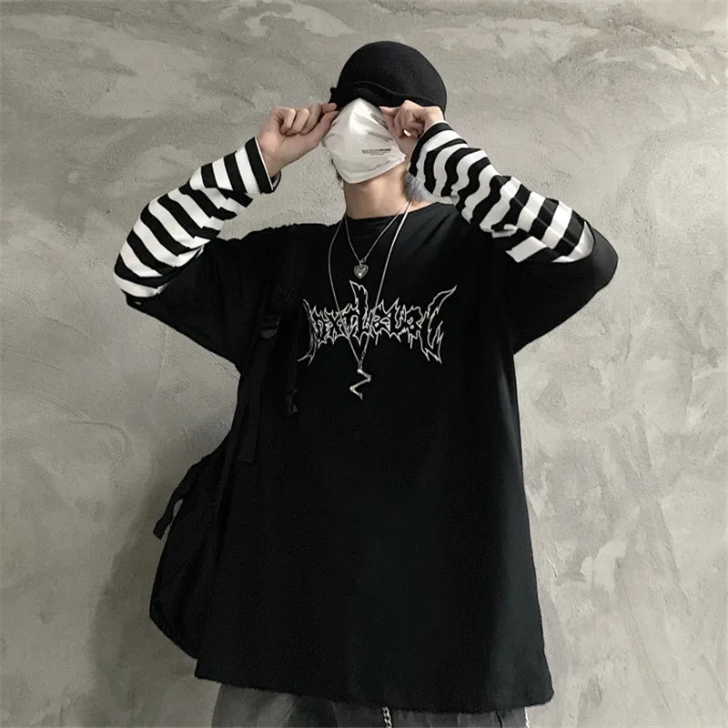 Lychee Harajuku Лоскутная полосатая женская футболка поддельные 2 шт Женская футболка с буквенным принтом с длинным рукавом женские футболки