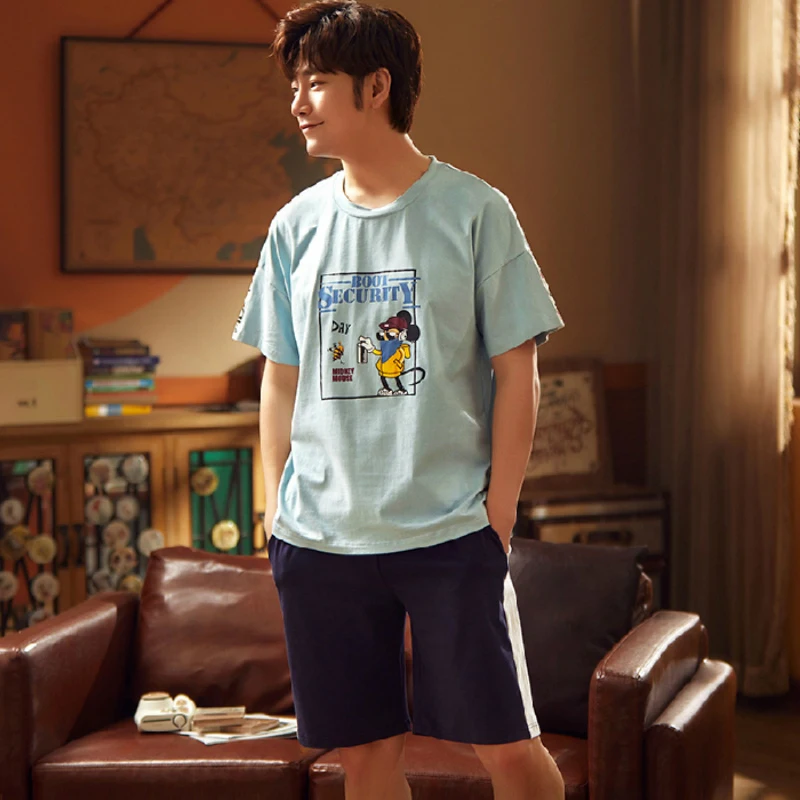

2020 New Men Pajama Sets Fashion Summer Print Cartoon Tops and Shorts Soft 100% Cotton Brief Soft Home Wear Suit Male Sleepwear
