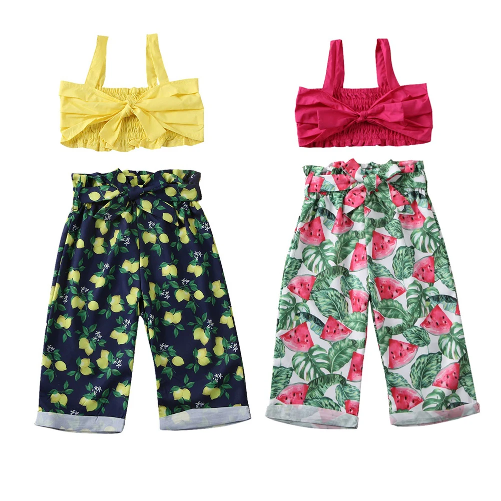 

Free Shipping Toddler Kids Baby Girl Bowknot Ruffles Sling Top Fruit Printed Bowknot Pants Trousers Summer Holiday Outfit