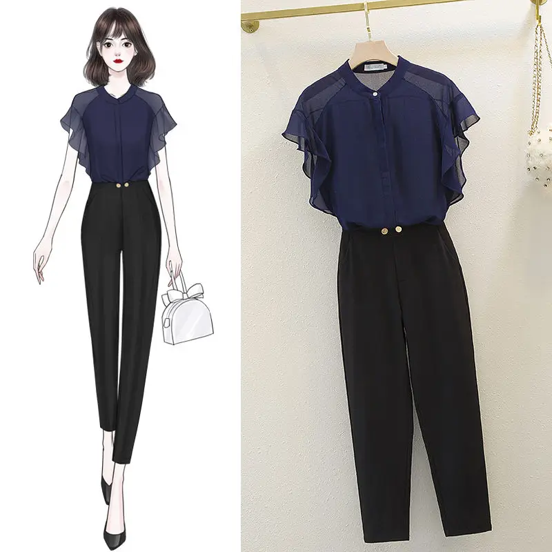 

Women 2021 Spring Summer Two Piece Set OL Female Sets Ladies Chiffon Blouse Shirt Top and Pants Elegant Casual Outfits Suit B129
