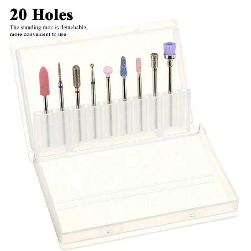 

20 Holes Nail Drill Bits Holder Display Standing Nail Drill Bits Rack Grinding Heads Container Box Manicure Tool File