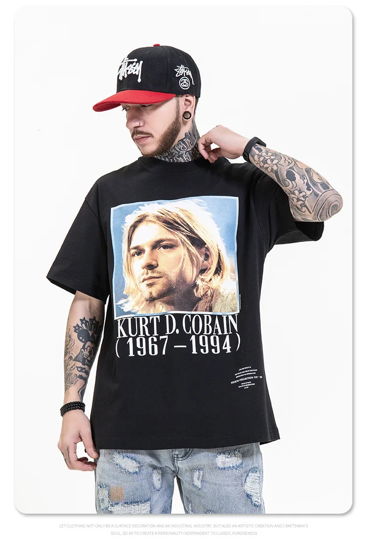 

High Street Men Women Hiphop Oversized T Shirt Heave Fabric Washed Cotton Clothing Band Portrait Printed Kurt