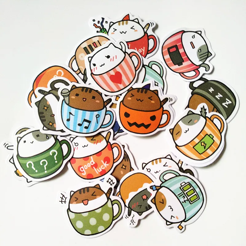 

Новые самодельные наклейки в виде кофейной чашки, кота, Стикеры для самостоятельного творчества, наклейки для скейтборда, упаковка фотоаль...