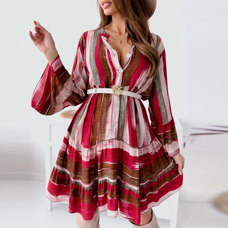 

Женское пляжное платье в полоску, с V-образным вырезом и рюшами